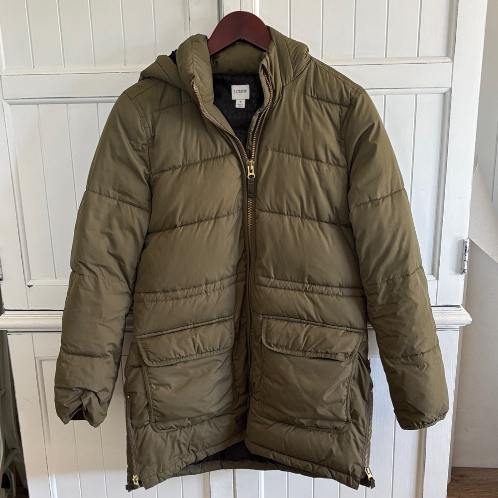 J. Crew Olive Green Hooded Puffer Coat